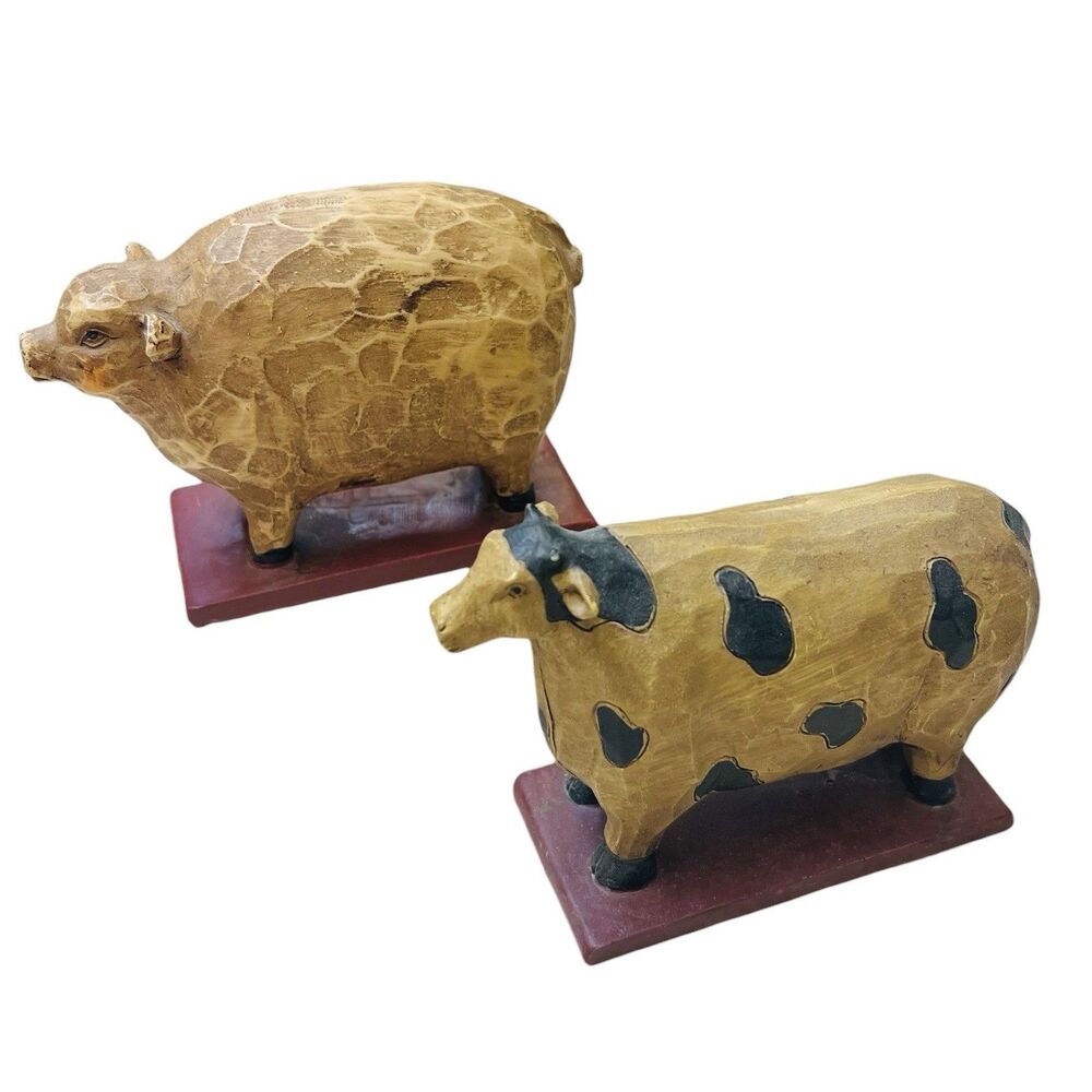 Primitive Folk Art Pig & Cow Figures Farmhouse Resin Wood